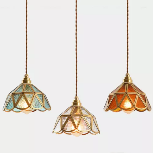 Traditional Vintage Geometric Cone Water Pattern Glass Brass 1-Light Pendant Light For Bedroom