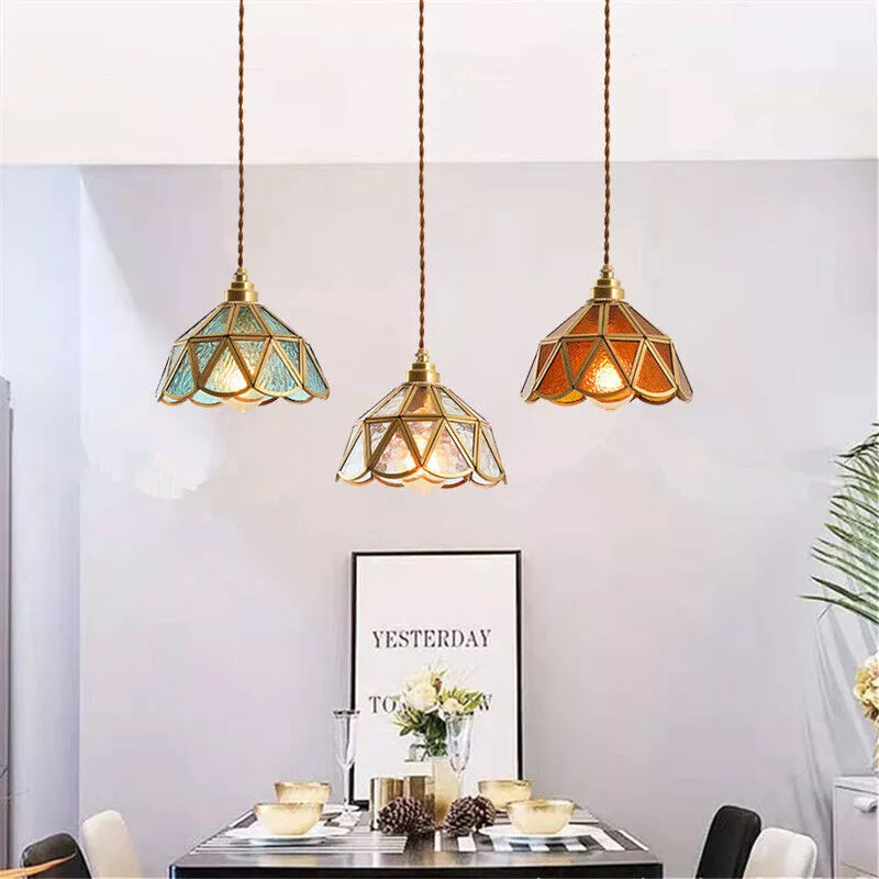 Traditional Vintage Geometric Cone Water Pattern Glass Brass 1-Light Pendant Light For Bedroom