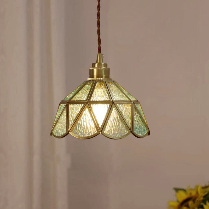 Traditional Vintage Geometric Cone Water Pattern Glass Brass 1-Light Pendant Light For Bedroom