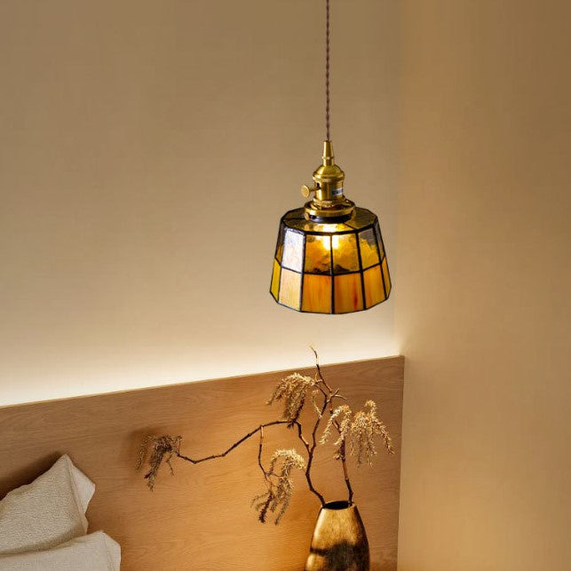 Traditional Vintage Brass Checkered Patchwork Glass Round 1-Light Pendant Light For Bedroom