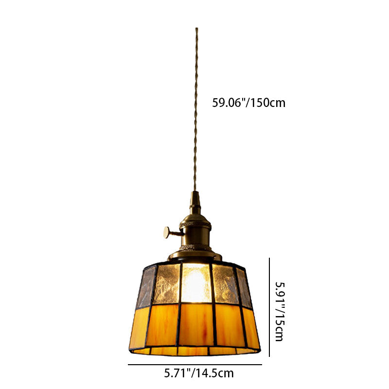 Traditional Vintage Brass Checkered Patchwork Glass Round 1-Light Pendant Light For Bedroom