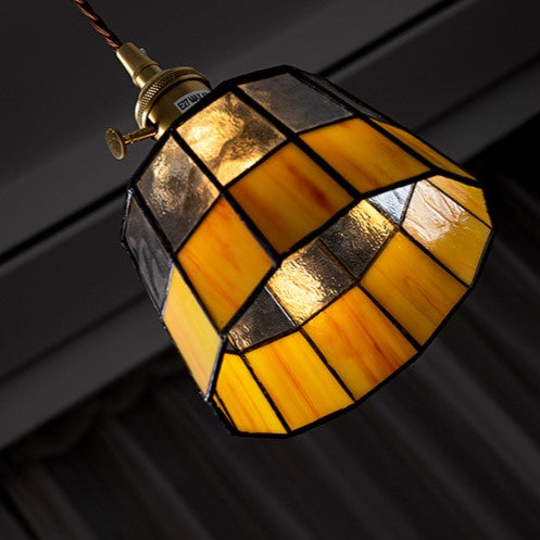 Traditional Vintage Brass Checkered Patchwork Glass Round 1-Light Pendant Light For Bedroom