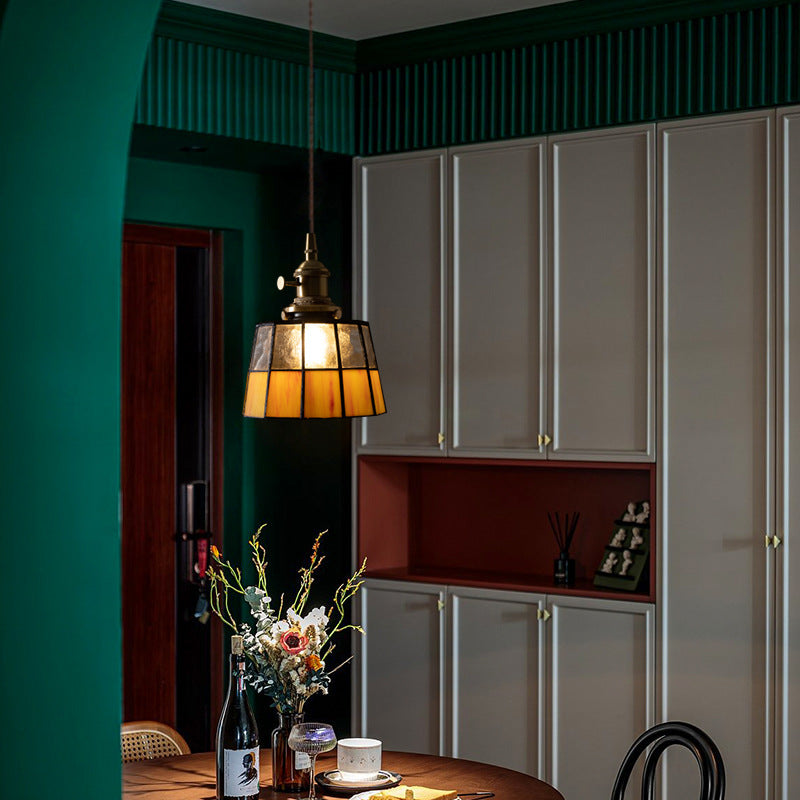 Traditional Vintage Brass Checkered Patchwork Glass Round 1-Light Pendant Light For Bedroom