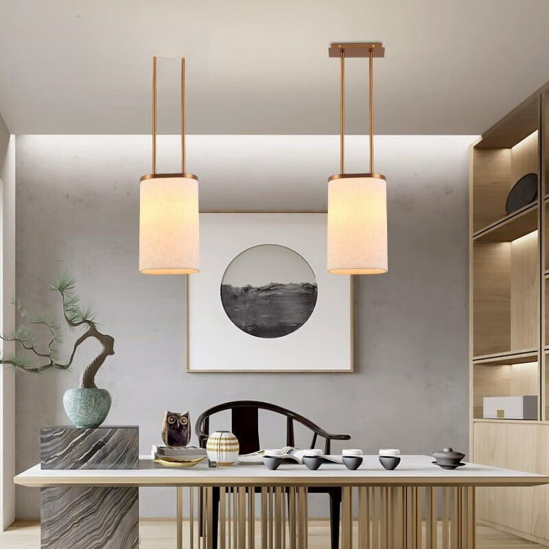 Traditional Chinese Stainless Steel Fabric Round Shade 1-Light Pendant Light For Bedroom