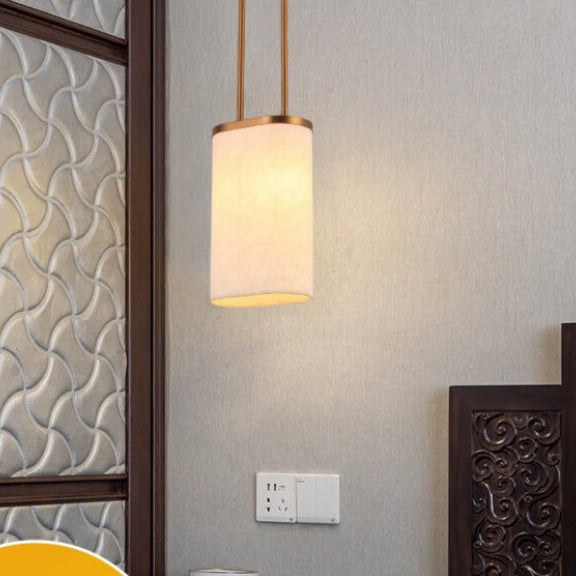 Traditional Chinese Stainless Steel Fabric Round Shade 1-Light Pendant Light For Bedroom