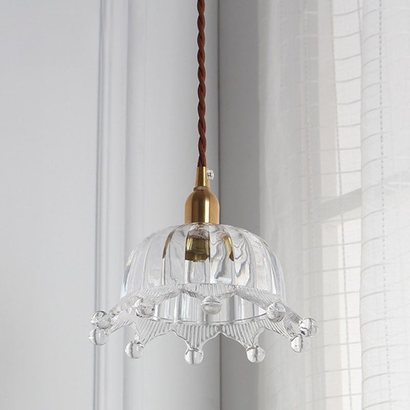 Traditional Japanese Brass Flower Glass Shade 1-Light Pendant Light For Bedroom