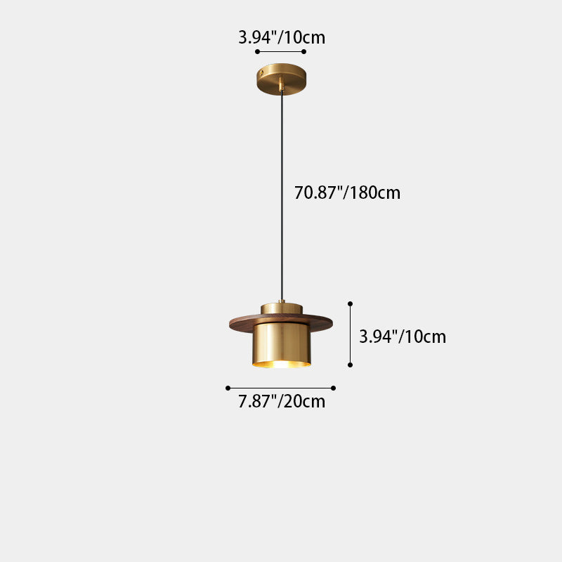 Contemporary Nordic Full Copper Cylinder Walnut Wood LED Pendant Light For Bedroom