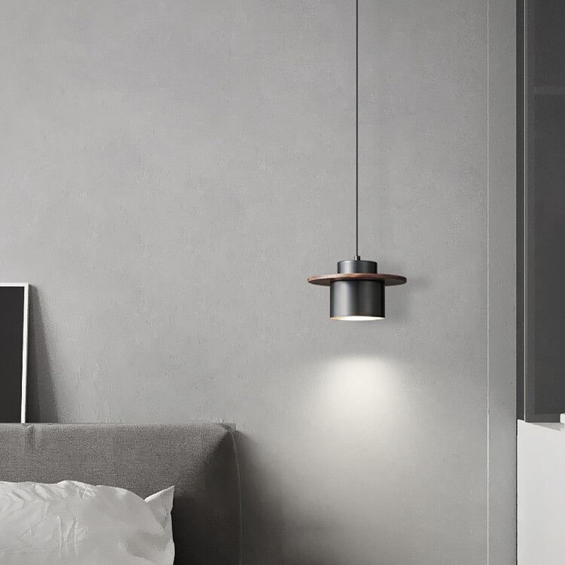 Contemporary Nordic Full Copper Cylinder Walnut Wood LED Pendant Light For Bedroom