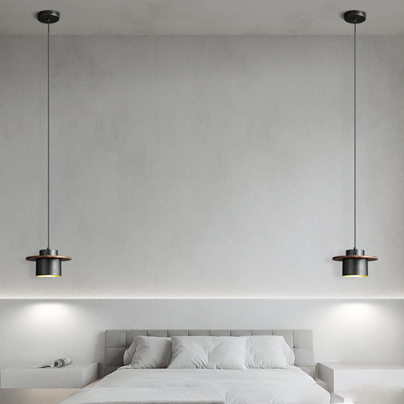 Contemporary Nordic Full Copper Cylinder Walnut Wood LED Pendant Light For Bedroom