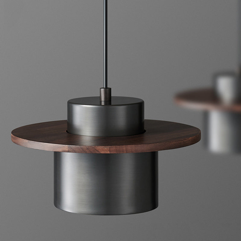 Contemporary Nordic Full Copper Cylinder Walnut Wood LED Pendant Light For Bedroom
