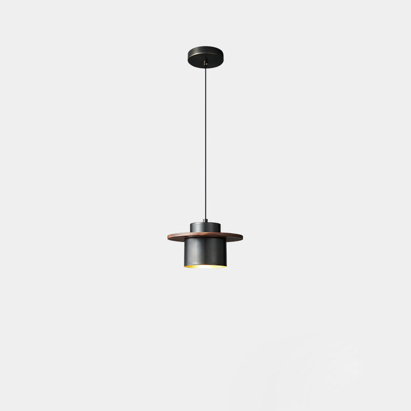 Contemporary Nordic Full Copper Cylinder Walnut Wood LED Pendant Light For Bedroom