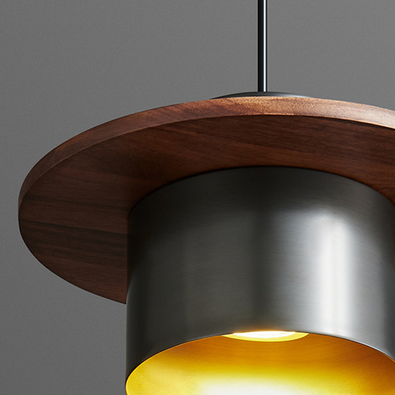 Contemporary Nordic Full Copper Cylinder Walnut Wood LED Pendant Light For Bedroom