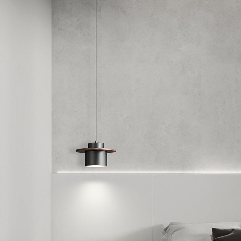 Contemporary Nordic Full Copper Cylinder Walnut Wood LED Pendant Light For Bedroom