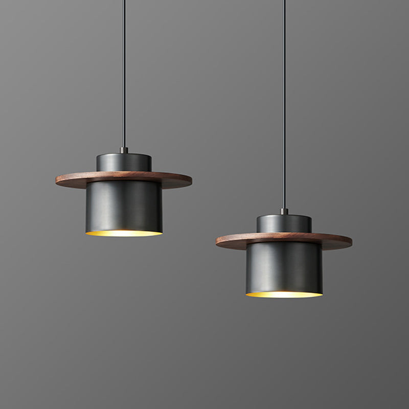Contemporary Nordic Full Copper Cylinder Walnut Wood LED Pendant Light For Bedroom