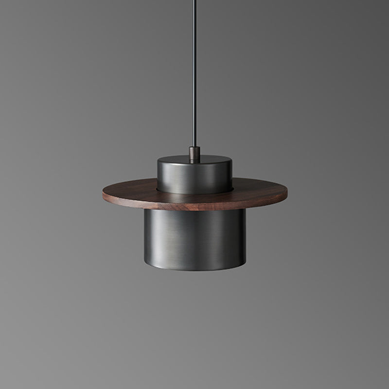 Contemporary Nordic Full Copper Cylinder Walnut Wood LED Pendant Light For Bedroom