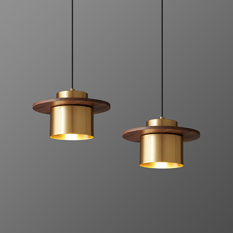 Contemporary Nordic Full Copper Cylinder Walnut Wood LED Pendant Light For Bedroom