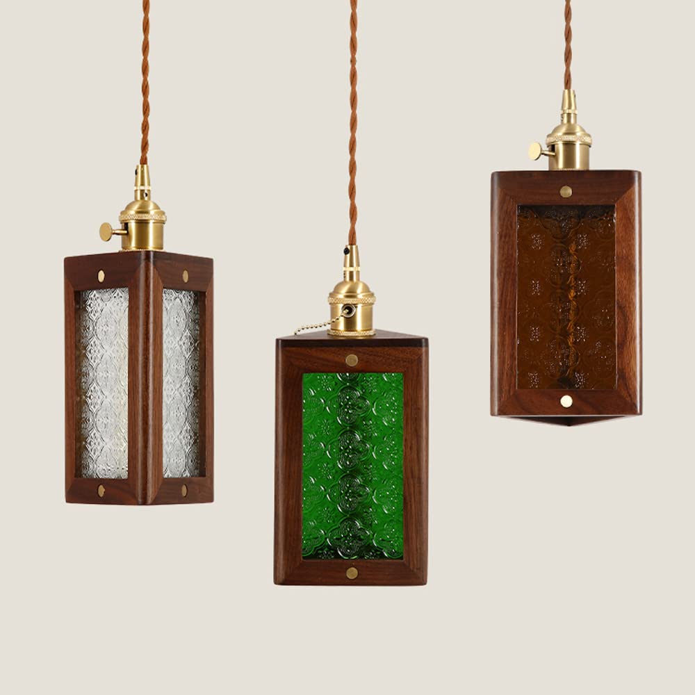 Traditional Japanese Flower Pattern Glass Triangular Prism Shade Walnut 1-Light Pendant Light For Bedroom