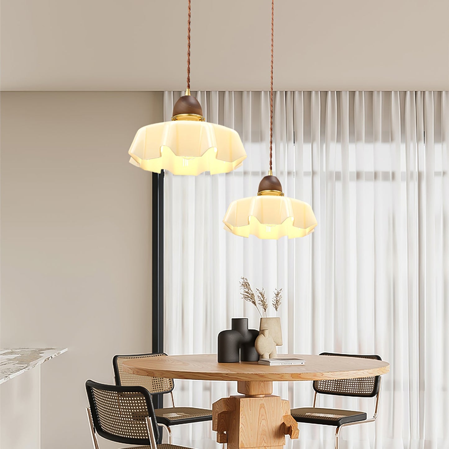 Traditional French Pastoral Flower Glass Shade Walnut Wood 1-Light Pendant Light For Living Room