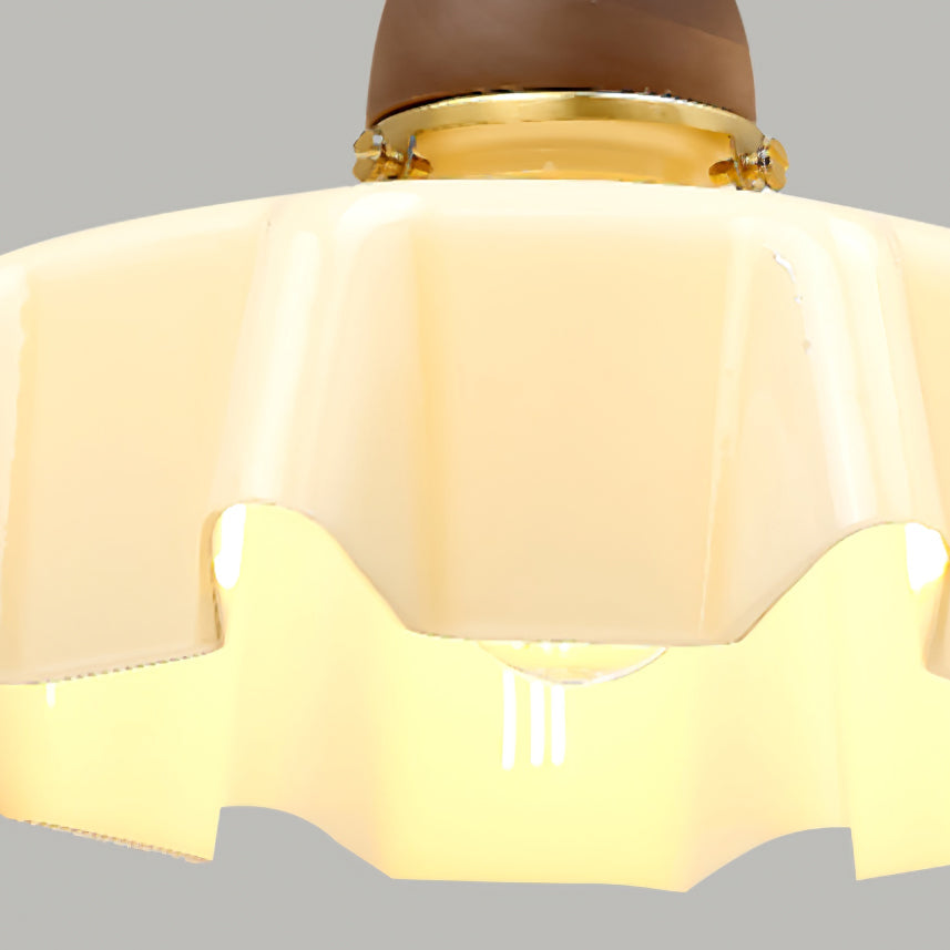 Traditional French Pastoral Flower Glass Shade Walnut Wood 1-Light Pendant Light For Living Room