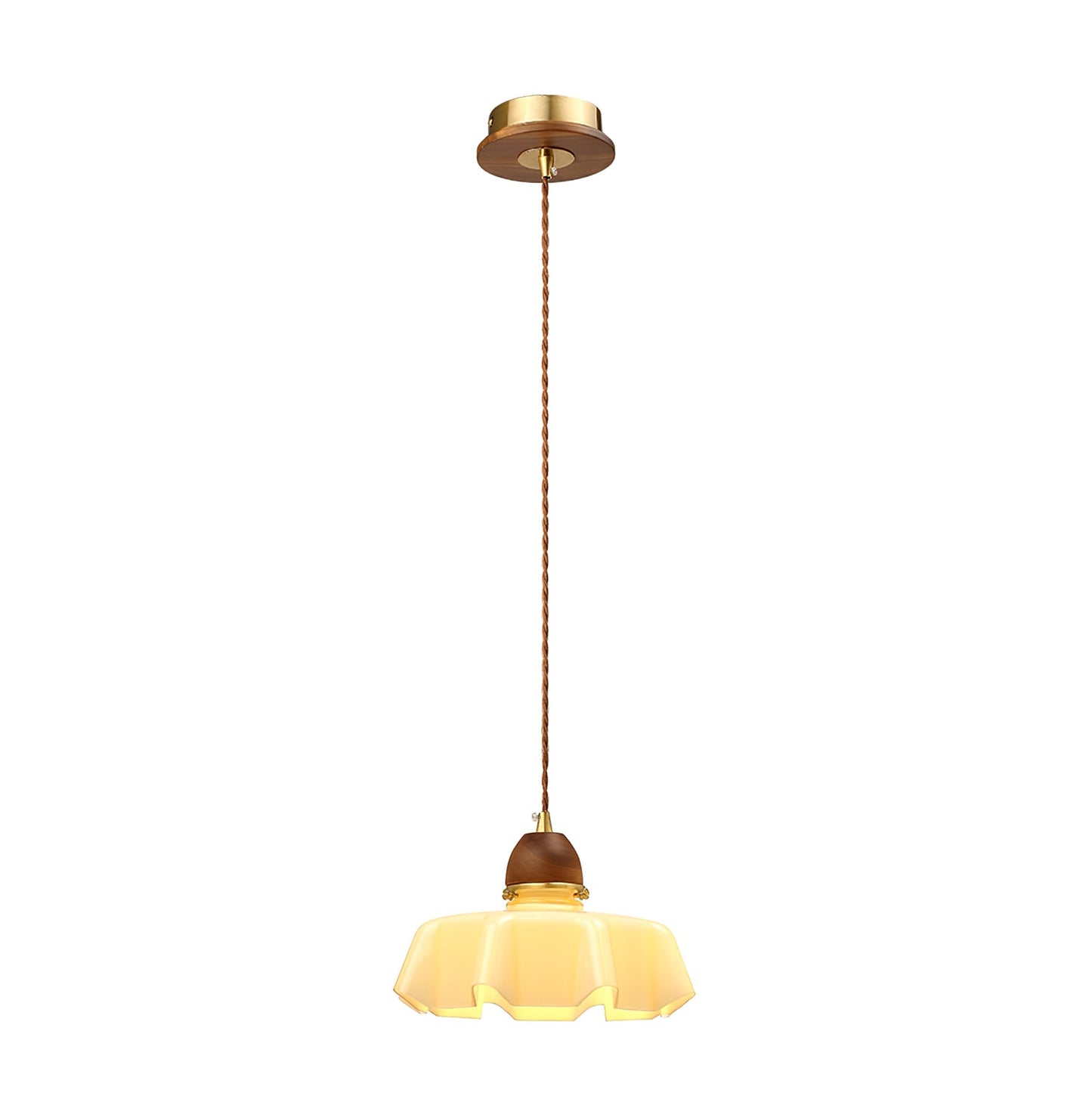 Traditional French Pastoral Flower Glass Shade Walnut Wood 1-Light Pendant Light For Living Room