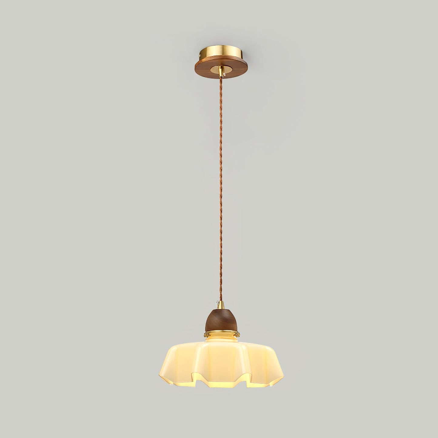 Traditional French Pastoral Flower Glass Shade Walnut Wood 1-Light Pendant Light For Living Room