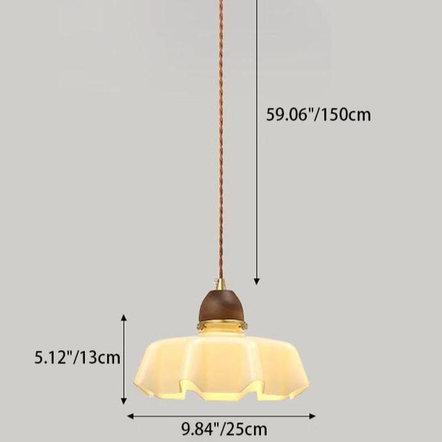 Traditional French Pastoral Flower Glass Shade Walnut Wood 1-Light Pendant Light For Living Room