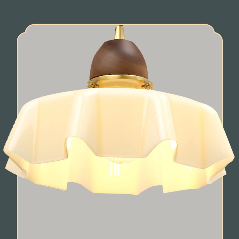 Traditional French Pastoral Flower Glass Shade Walnut Wood 1-Light Pendant Light For Living Room