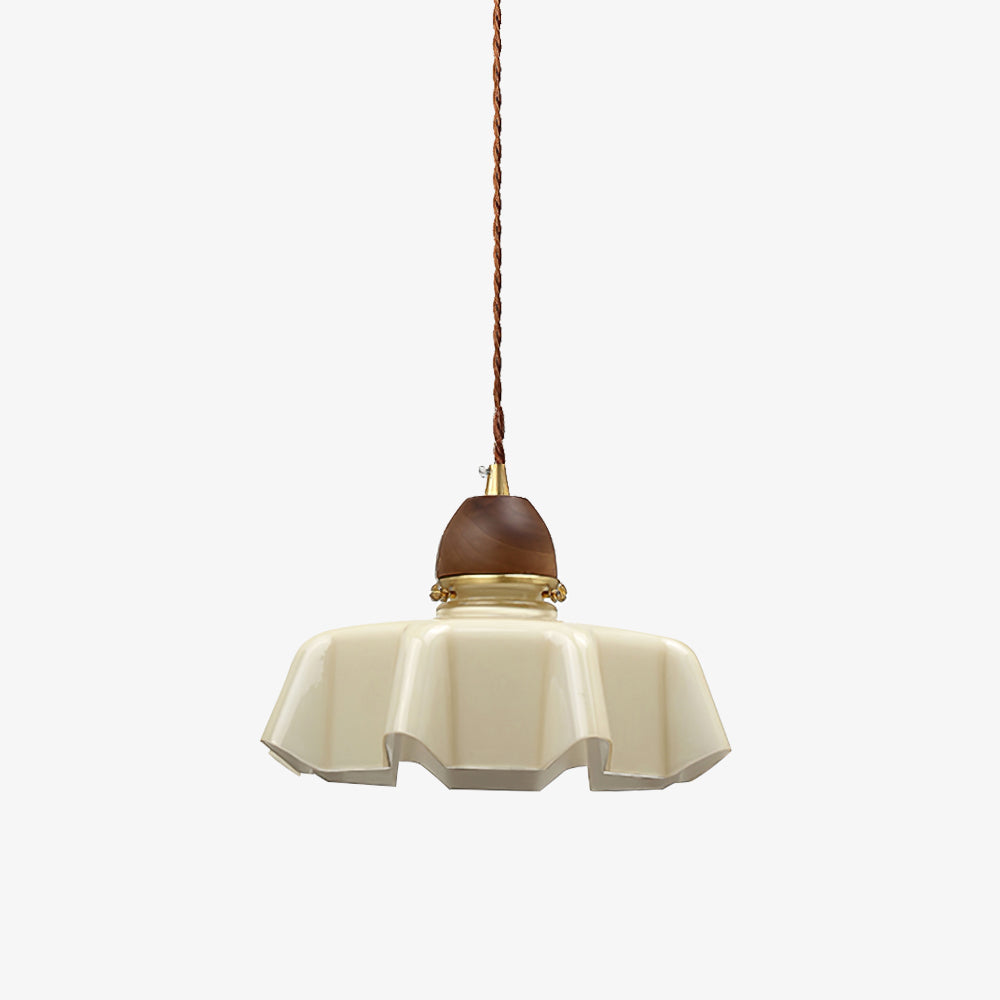 Traditional French Pastoral Flower Glass Shade Walnut Wood 1-Light Pendant Light For Living Room