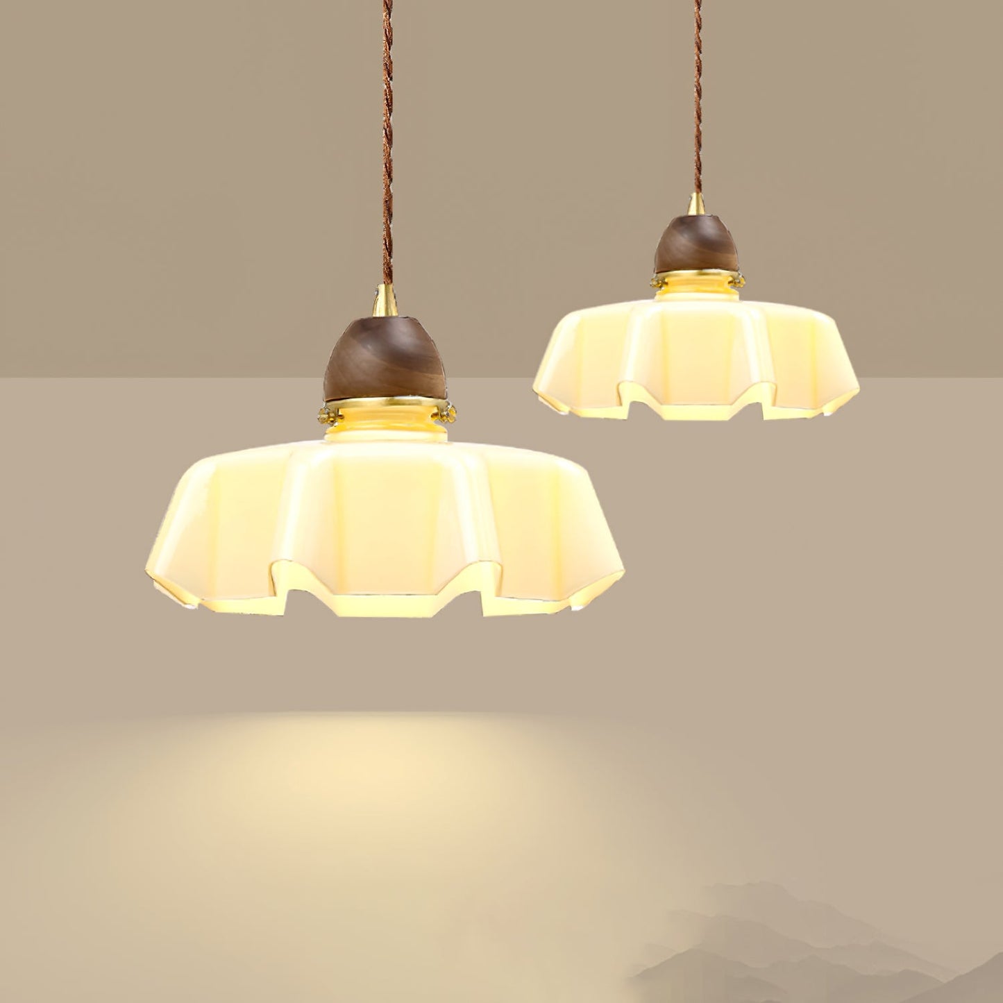 Traditional French Pastoral Flower Glass Shade Walnut Wood 1-Light Pendant Light For Living Room