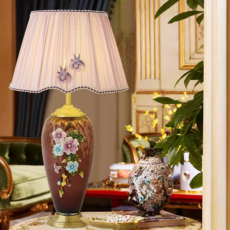 Traditional Chinese Enamel Glass Vase Base Pleated Fabric Shade 1-Light Table Lamp For Bedroom