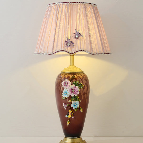 Traditional Chinese Enamel Glass Vase Base Pleated Fabric Shade 1-Light Table Lamp For Bedroom