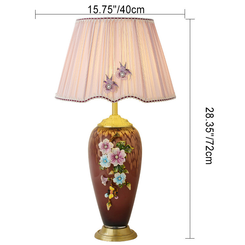 Traditional Chinese Enamel Glass Vase Base Pleated Fabric Shade 1-Light Table Lamp For Bedroom