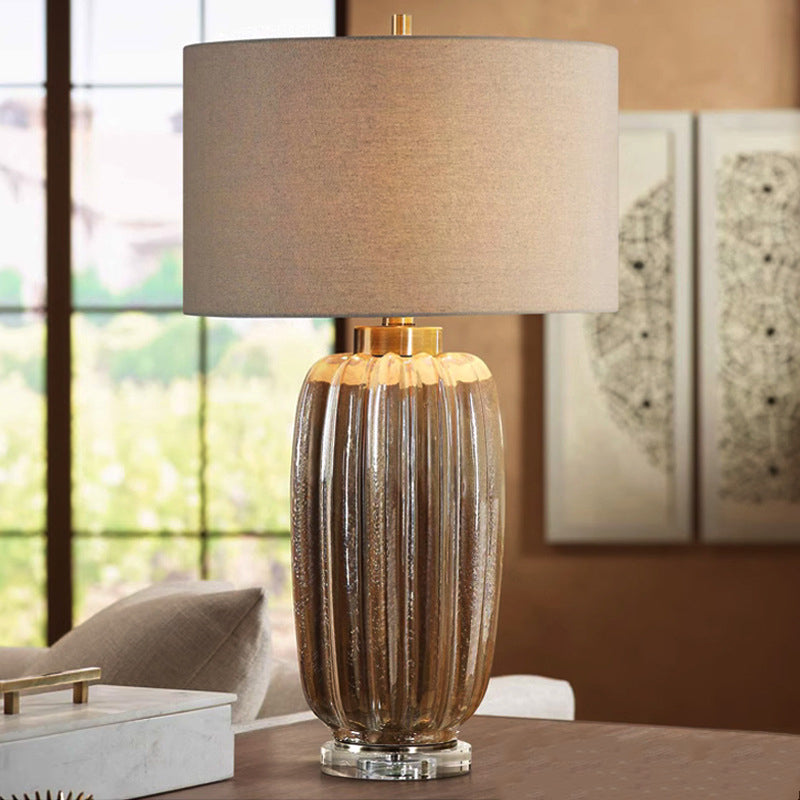 Traditional Vintage Fabric Cylinder Shade Ceramic Vase Base 1-Light Table Lamp For Study