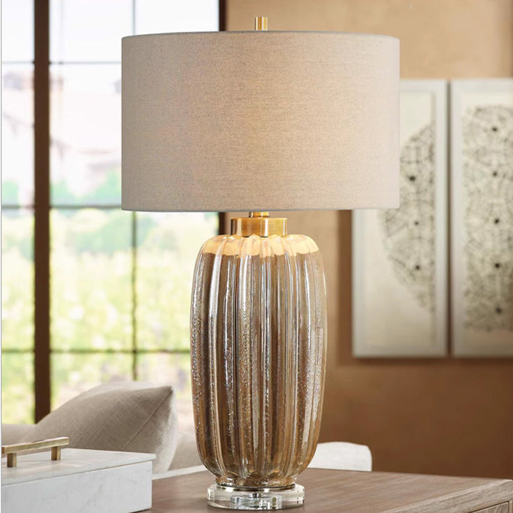 Traditional Vintage Fabric Cylinder Shade Ceramic Vase Base 1-Light Table Lamp For Study