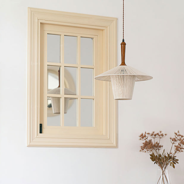 Contemporary Boho Braided Hemp Rope Cottage Shade Solid Wood 1-Light Pendant Light For Living Room