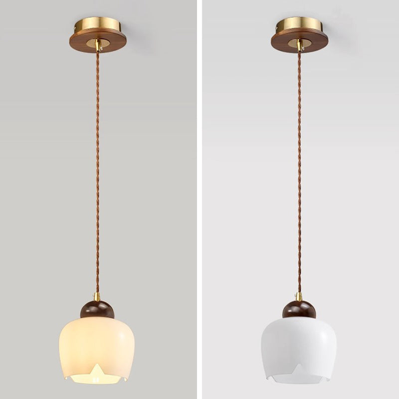 Contemporary Nordic Geometric Round Glass Shade Walnut Wood 1-Light Pendant Light For Bedroom