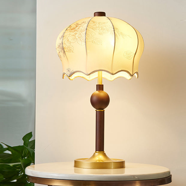 Traditional Vintage Flower Pattern Fabric Shade Wood Iron Rod 2-Light Table Lamp For Study