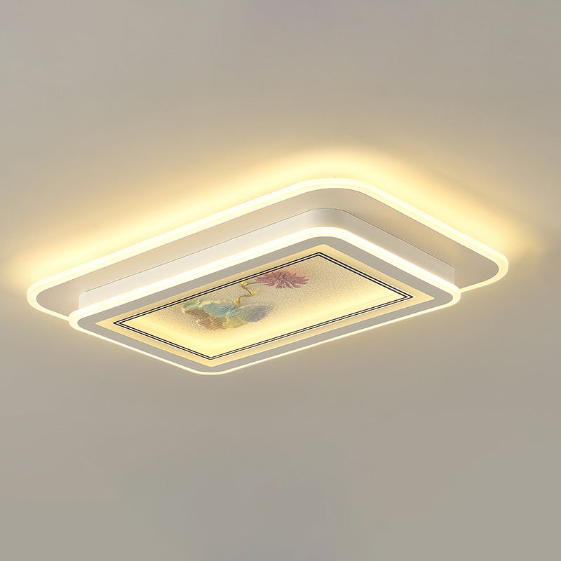 伝統的な中国製ハンドメイドの花柄模様の鉄製アクリル製長方形LEDフラッシュマウントシーリングライト(リビングルーム用)