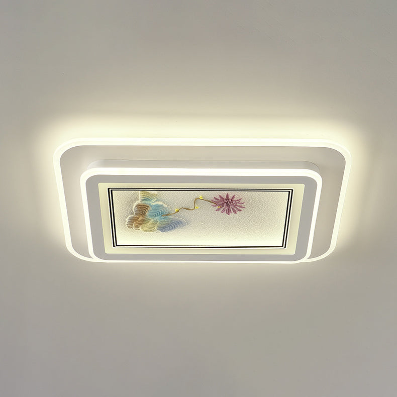 伝統的な中国製ハンドメイドの花柄模様の鉄製アクリル製長方形LEDフラッシュマウントシーリングライト(リビングルーム用)