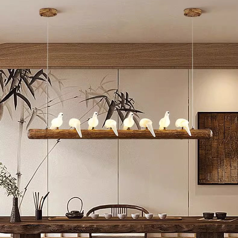 Traditional Vintage Resin Imitation Branch Bird Glass Shade 3/5/8/6/11/17-Light Island Light Chandelier For Living Room