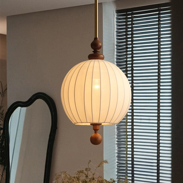 Traditional Japanese Spherical Fabric Shade Ash Wood 1-Light Pendant Light For Living Room