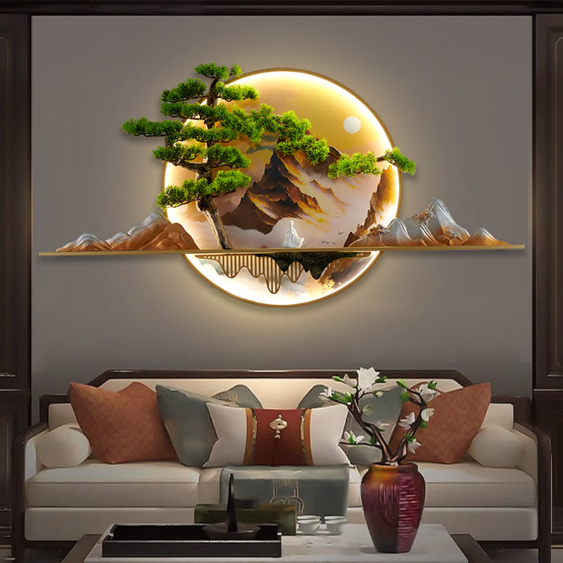 مصباح حائط LED دائري من الراتنج والألومنيوم بتصميم صيني معاصر على شكل منظر طبيعي من الصنوبر لغرفة المعيشة
