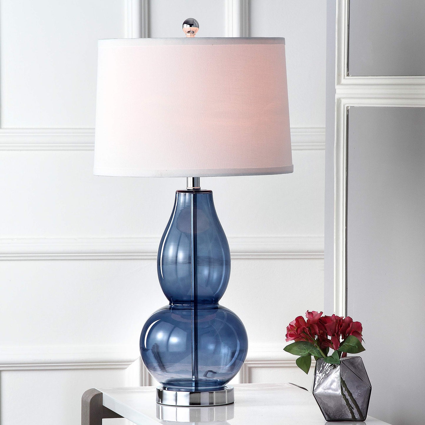 Contemporary Creative Double Gourd Glass Fabric Round Shade 1-Light Table Lamp For Study