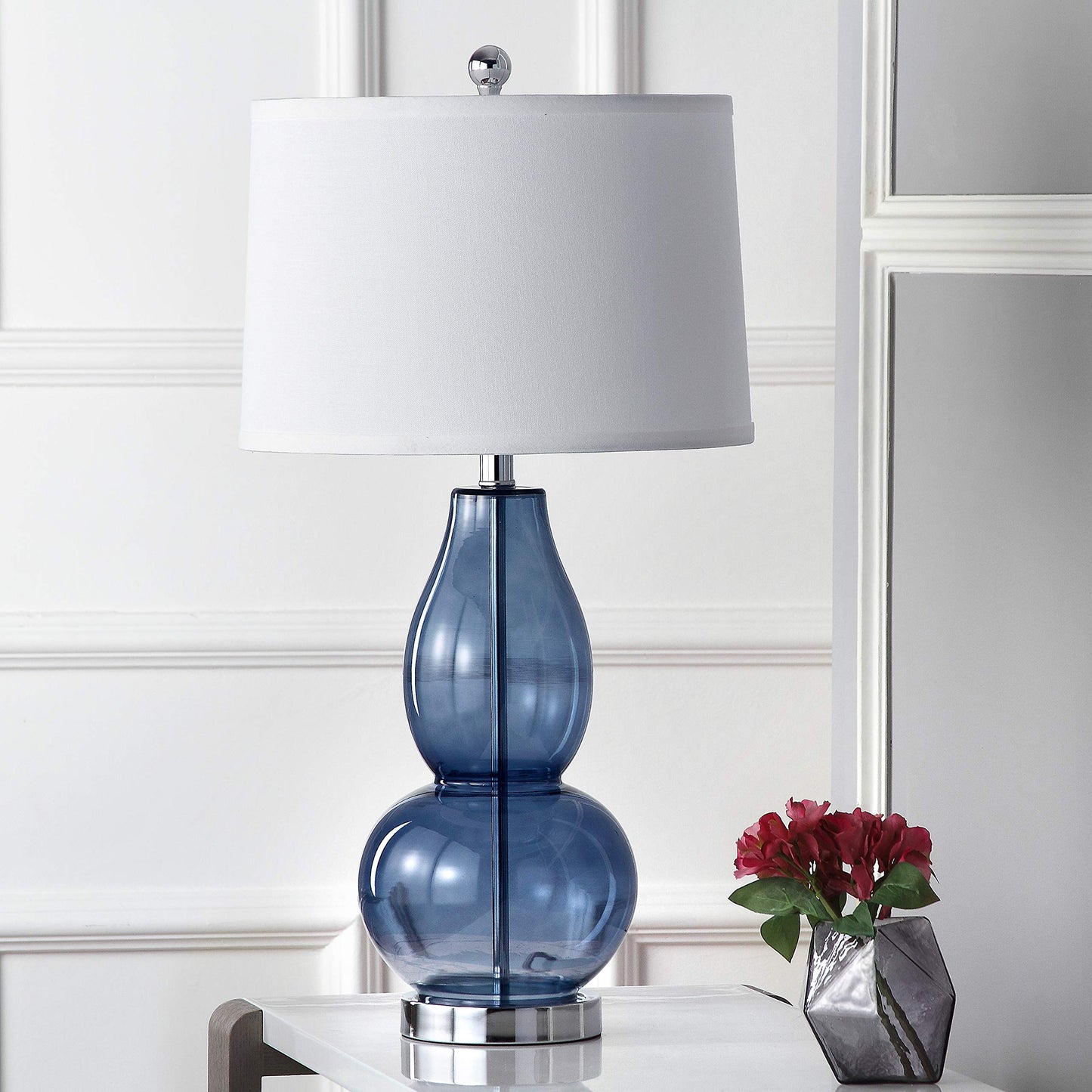 Contemporary Creative Double Gourd Glass Fabric Round Shade 1-Light Table Lamp For Study