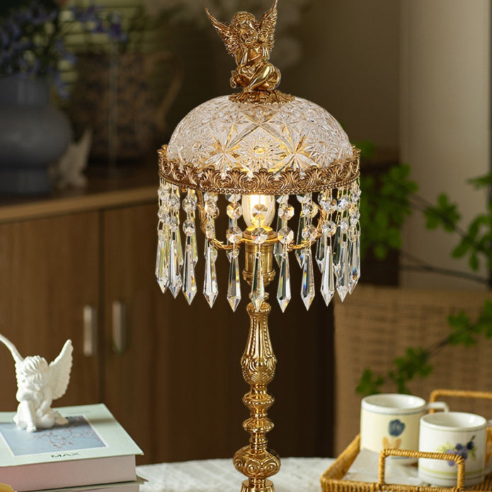 Contemporary Creative Antique Brass Carved Base Glass Crystal Shade 1-Light Table Lamp For Study