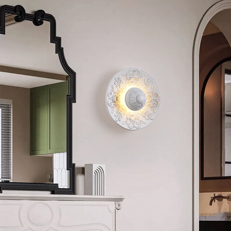Traditional Vintage Stainless Steel Resin Carved Disc LED Wall Sconce Lamp For Living Room