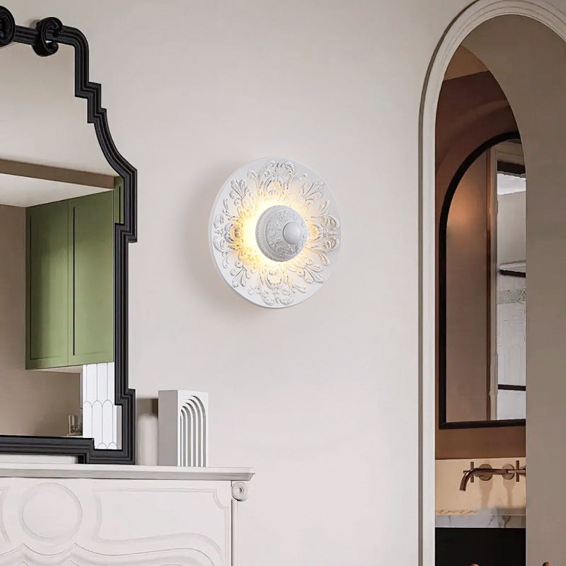 Traditional Vintage Stainless Steel Resin Carved Disc LED Wall Sconce Lamp For Living Room