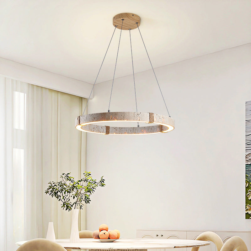 Traditional Vintage Circle Ring Travertine Hemp Rope LED Pendant Light For Living Room