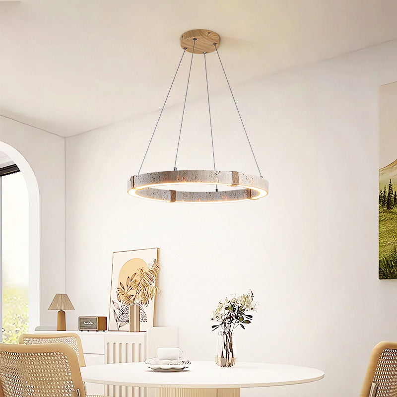 Traditional Vintage Circle Ring Travertine Hemp Rope LED Pendant Light For Living Room