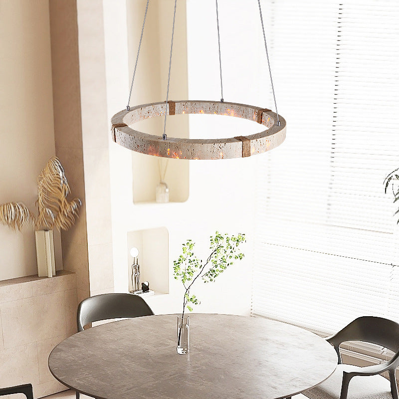 Traditional Vintage Circle Ring Travertine Hemp Rope LED Pendant Light For Living Room